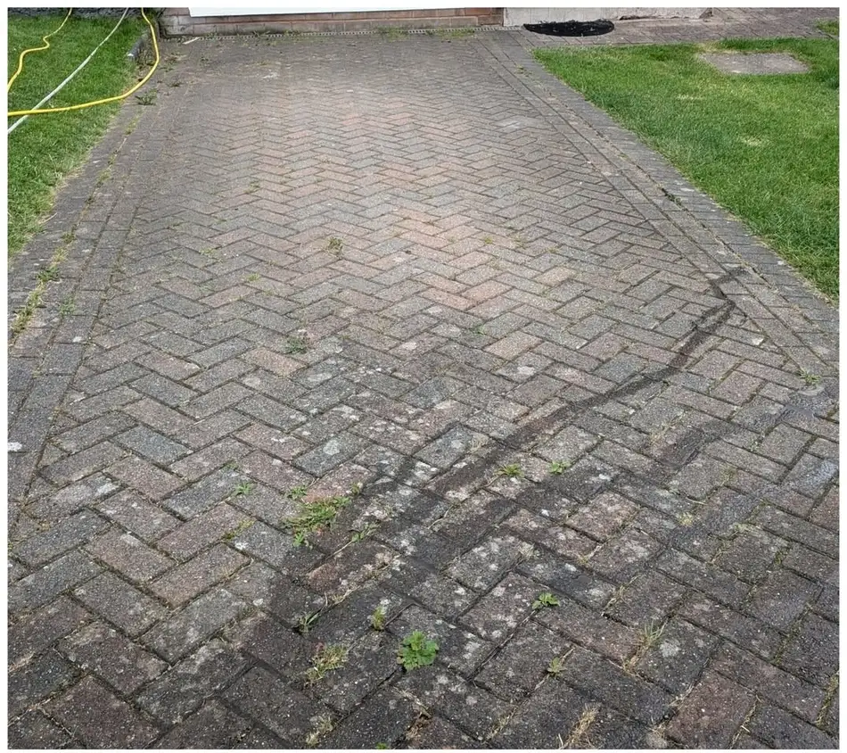Herringbone block paved driveway with moss and weeds before cleaning