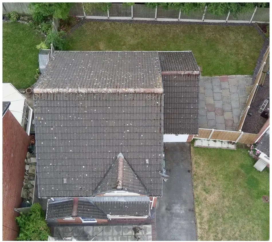 Extension roof covered in algae and bird mess before cleaning